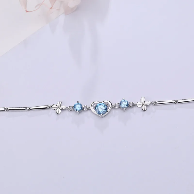 Delicate Zircon Heart Bracelet Silver 925 Fashion Sapphire Jewelry Dating Accessories Bamboo Chain Bangle Romantic Couple Gift