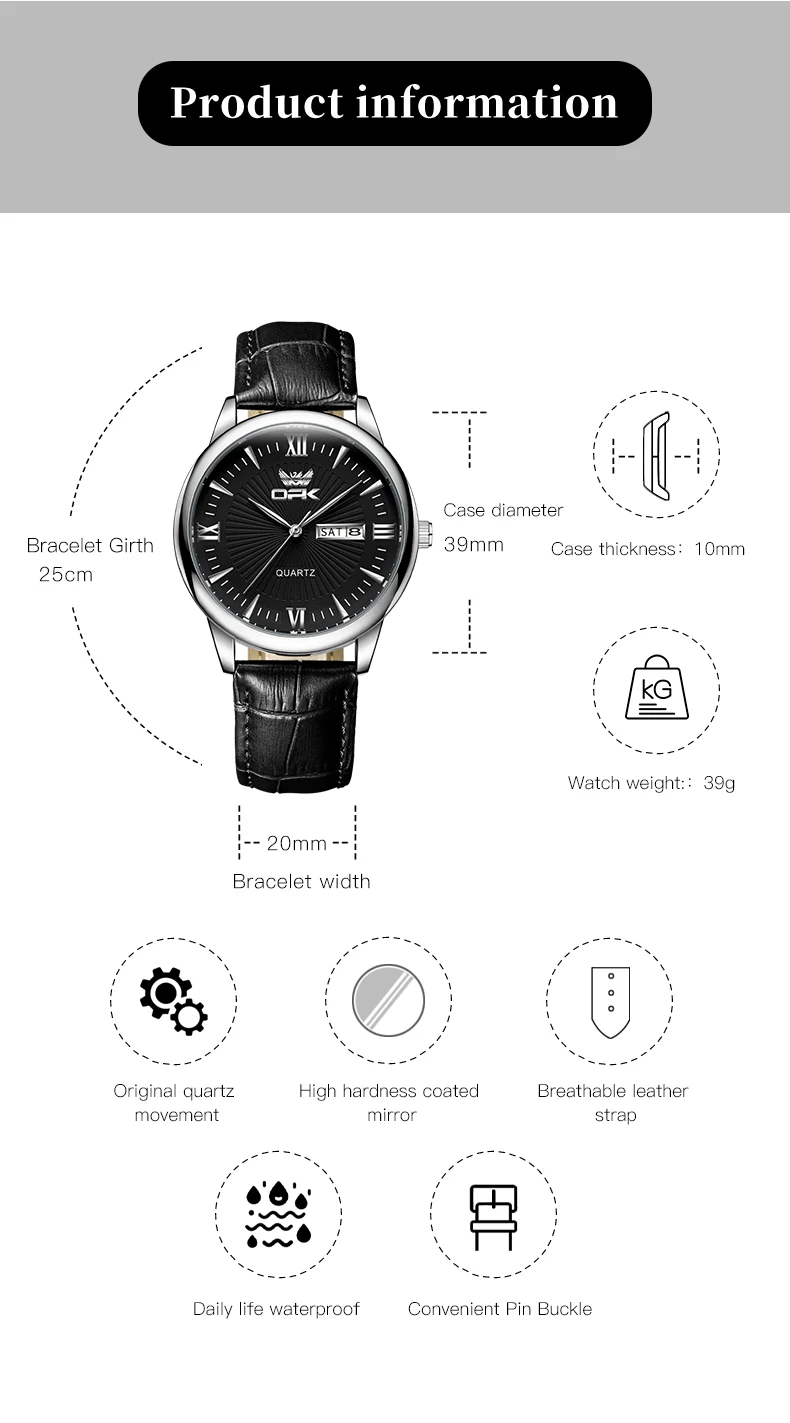 Opk 6014นาฬิกาควอทซ์ผู้ชายใหม่นาฬิกาแฟชั่นสองปฏิทินกันน้ำของแท้สายนาฬิกาหนังหรูหรานาฬิกาข้อมือสำหรับผู้ชาย