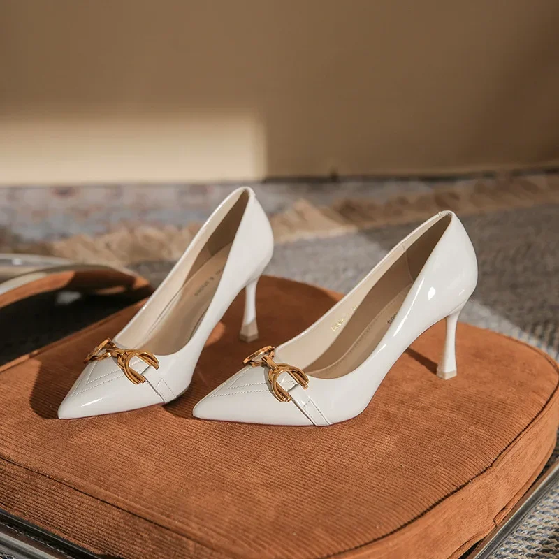 

Fashion Metal Buckle High 6.5cm/8.5cm Stiletto Heels Pumps Women Shoes Pointed Toe Office Work Party Shoes Ladies Wedding Shoes