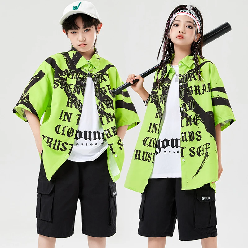 Ropa de calle de verano para niños, camisa verde, pantalones cortos Cargo, trajes de baile de Jazz, ropa de Hip Hop, traje de escenario Kpop, SL10512