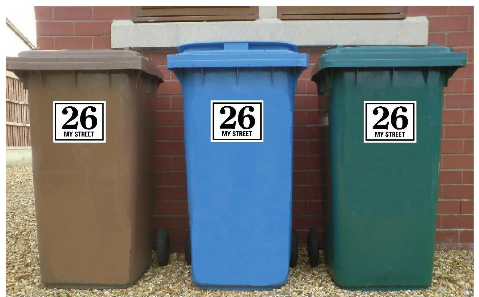 Customized WHEELIE BIN NUMBERS HOUSE ROAD STREET NAME RED BLUE BLACK Stickers Set of 3