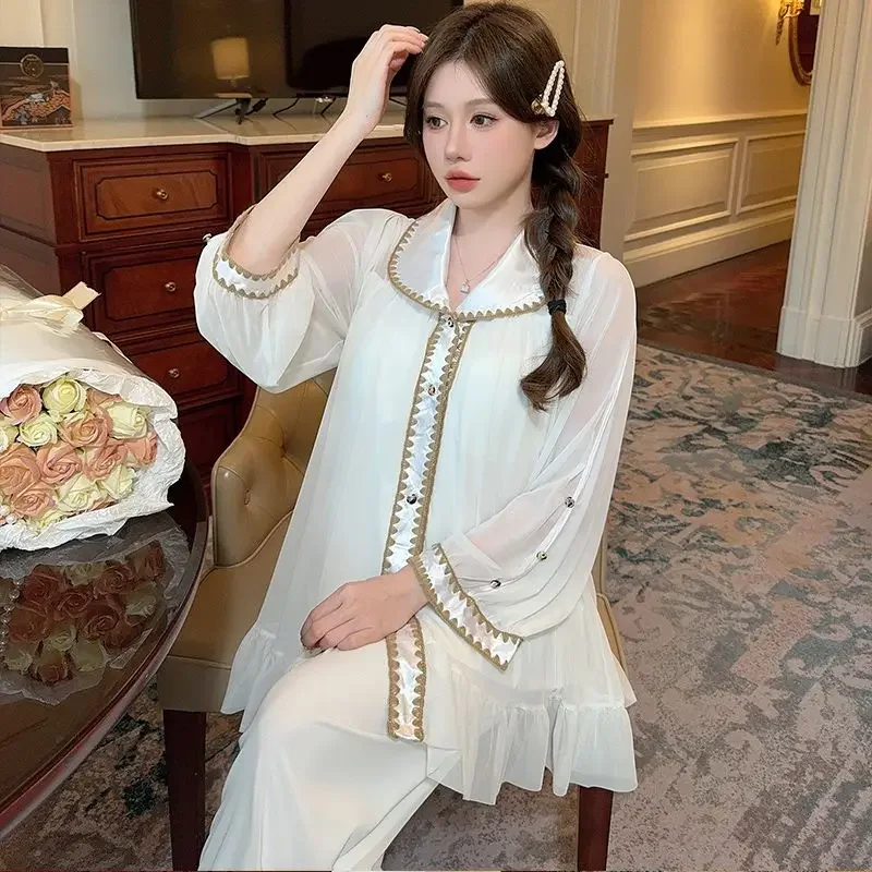 Long Sleeve Net Gauze Thin Home Wear Spring Lace Cardigan Princess Wind with Chest Pad Hollow Set Pajamas French Pajamas Women