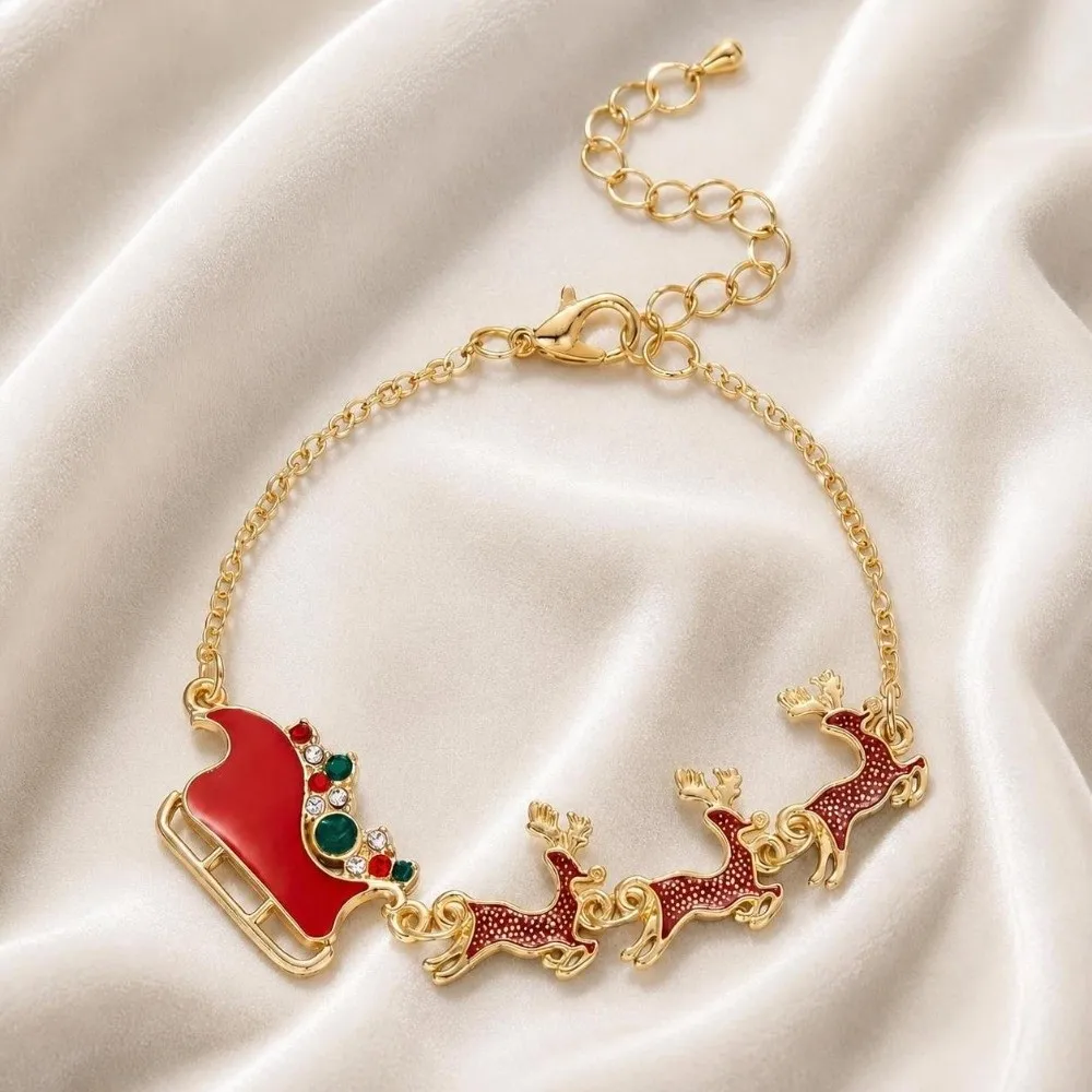 Creative Christmas Pendant Necklace Colorful Handmade Sleigh Pendant Enamel Rhinestone Adjustable Length Reindeer Bracelet