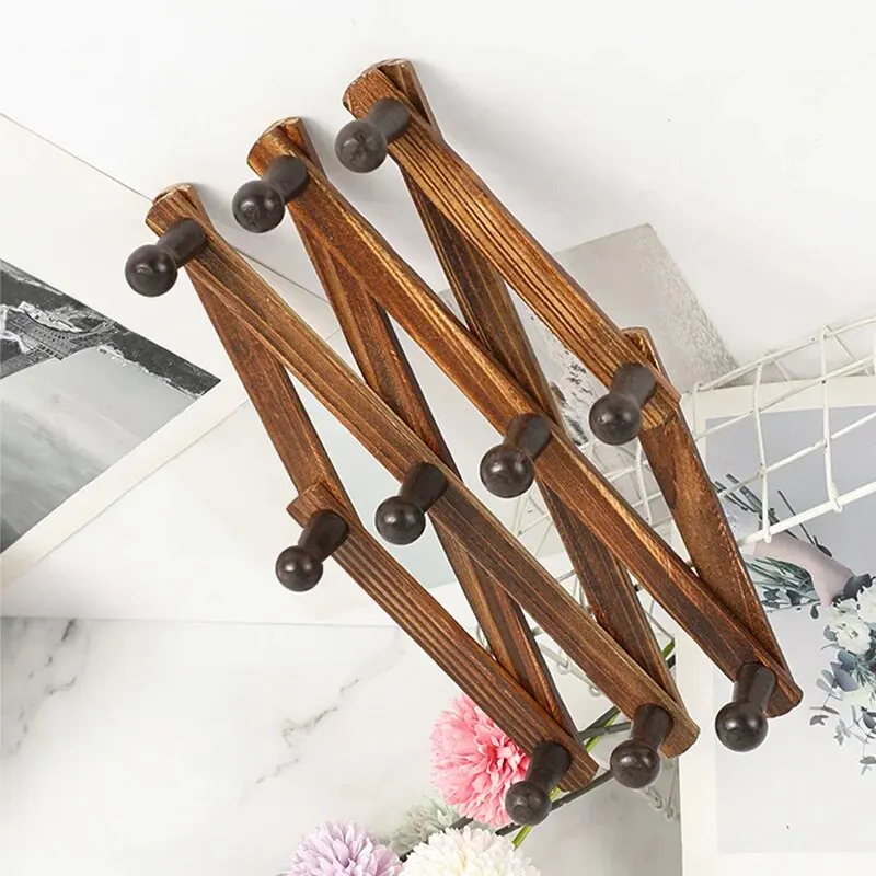 Telescopic Folding Clothes Hanger For Home Daily Use Carbonized Solid Wood Storage Wall-Mounted