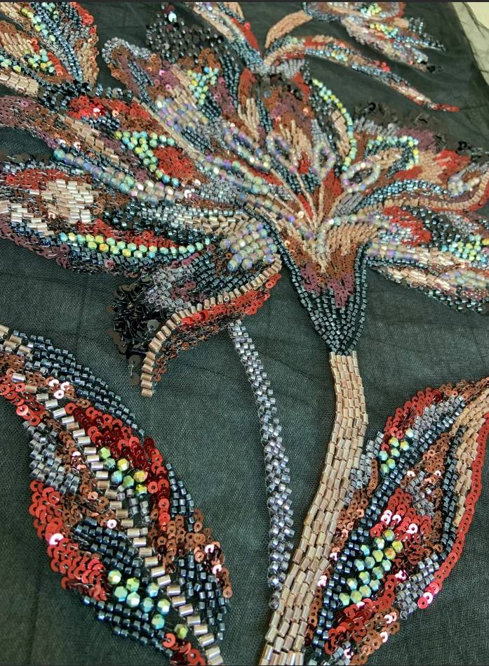 1 Piece Black Lace Fabric Patch with Luxury Colorful Beads Flower Applique for Wedding Dress,Ball Gown,Haute Couture Accessories view 6
