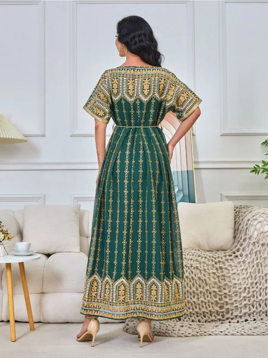 Kaftan Longo Bordado Feminino, Eid, Vestido de Festa Muçulmano, Abaya, Ramadã, Manga Curta, Dubai, Kaftan, Jalabiya, 2022