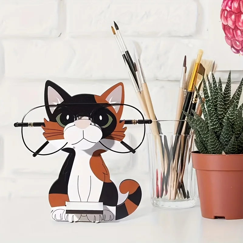 2D 1PCS Cat Cartoon style Multi-functional Wooden Eyeglass Holder Home Decoration Office Decor Desktop Decor Holiday Gift