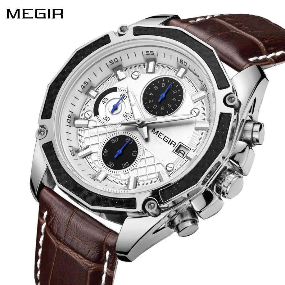 

MEGIR Men's Watch Fashion Leather Strap Sport Military Wristwatches Waterproof Luminous Male Clock Chronograph Montre Homme 2015