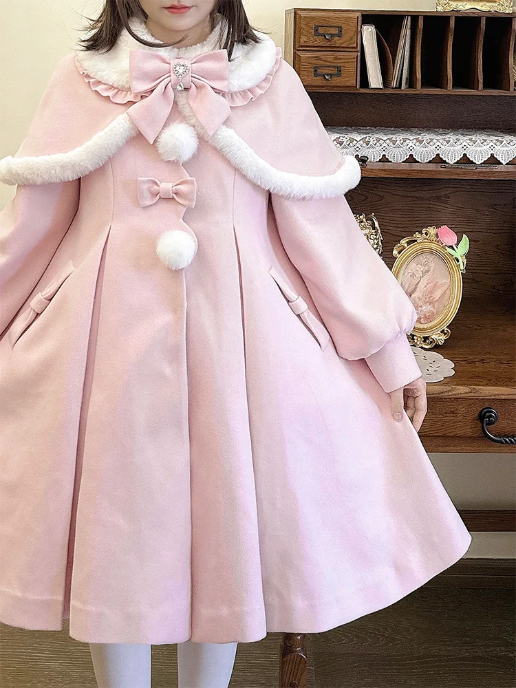 Original Japanese Retro Elegant Detachable Cape Fur Collar Bow Long Sleeve Sweet Versatile Woolen Long Coat Women Winter Jackets - Image 2