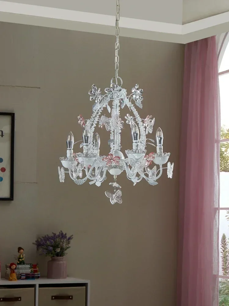 French romantic butterfly and flower crystal chandelier European retro white princess daughter room bedroom light  ثريات 펜던트조명