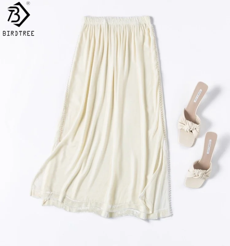 

Birdtree 100% Mulberry Silk Velvet White Color Skirt,Women Elastic Waist Elegant Autumn Side Slit Straight Dress D59108JF