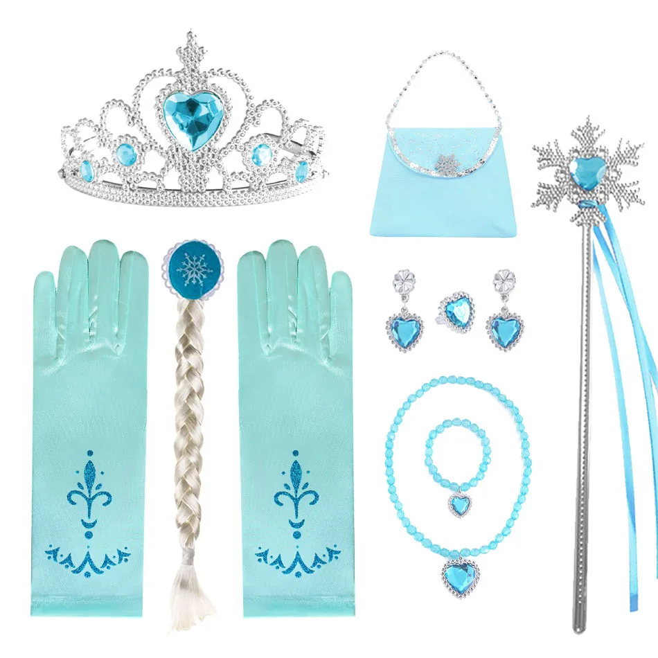 

Аксессуары для косплея Эльзы для девочек, детское платье принцессы Снежной королевы, ювелирные изделия, палочка, корона, ожерелье, зажимы для ушей, реквизит для ролевых игр