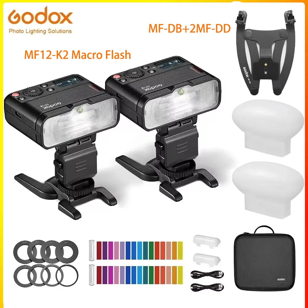 Godox MF12-K2 Macro Flash 2 Light Kit Mini Speedlite built-in Godox X System TTL Flash + Color Filter Diffuser for Macro Shots