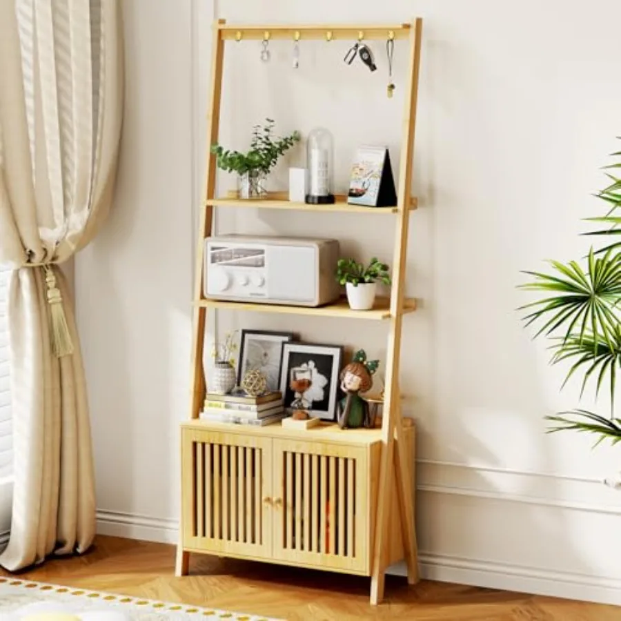 

Bookcase with Drawers 4-Tier Bamboo Bookshelf Ladder Shelf with 6 Hooks Tall Narrow Book Shelf 24.8"L x 10.6"W x 59.5"H Standin