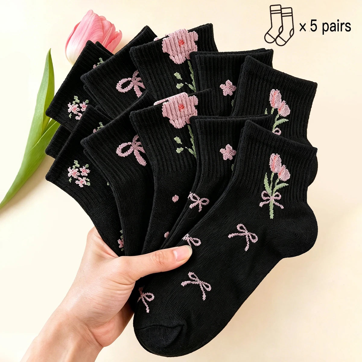 5 Pairs Of Spring And Summer Women's Sweet And Fashionable Y2k Aesthetic Bow/Polka Dot Floral Pattern Versatile Casual Socks