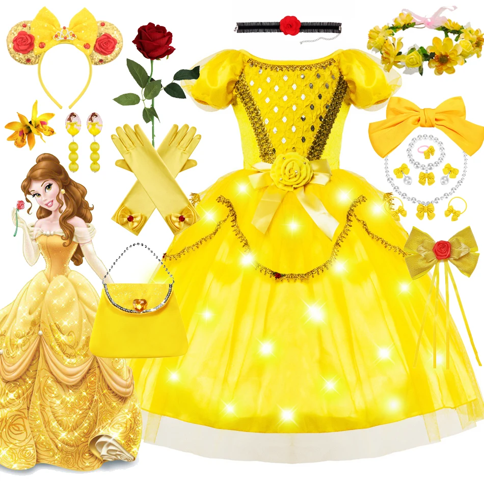 

Girl Belle Dress Up LED Light Floral Children Party Princess Costume Kids Beauty and The Beast Halloween Carnival Outfit Clothe