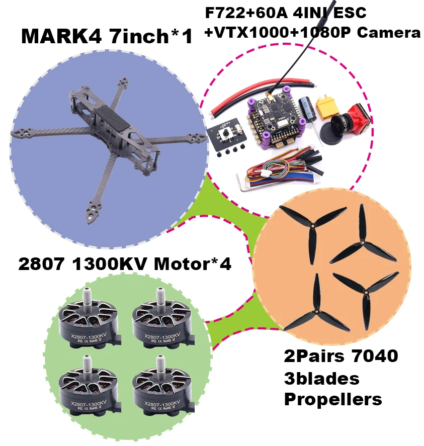 Rctosky MARK4 V2 7inch F722 Flight Control 45/60A 4INI ESC Rack Drone FPV Carbon Fiber PV Racing Drone Quadcopter Freestyle
