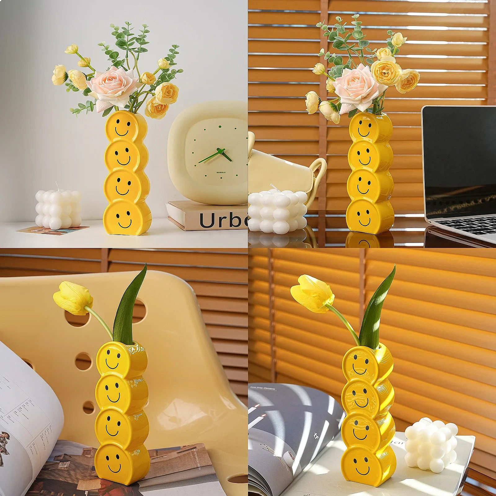 Cream Style Smiley Face Ceramic Vase Creative Home Living Room Flower Arrangement Decorative Gift