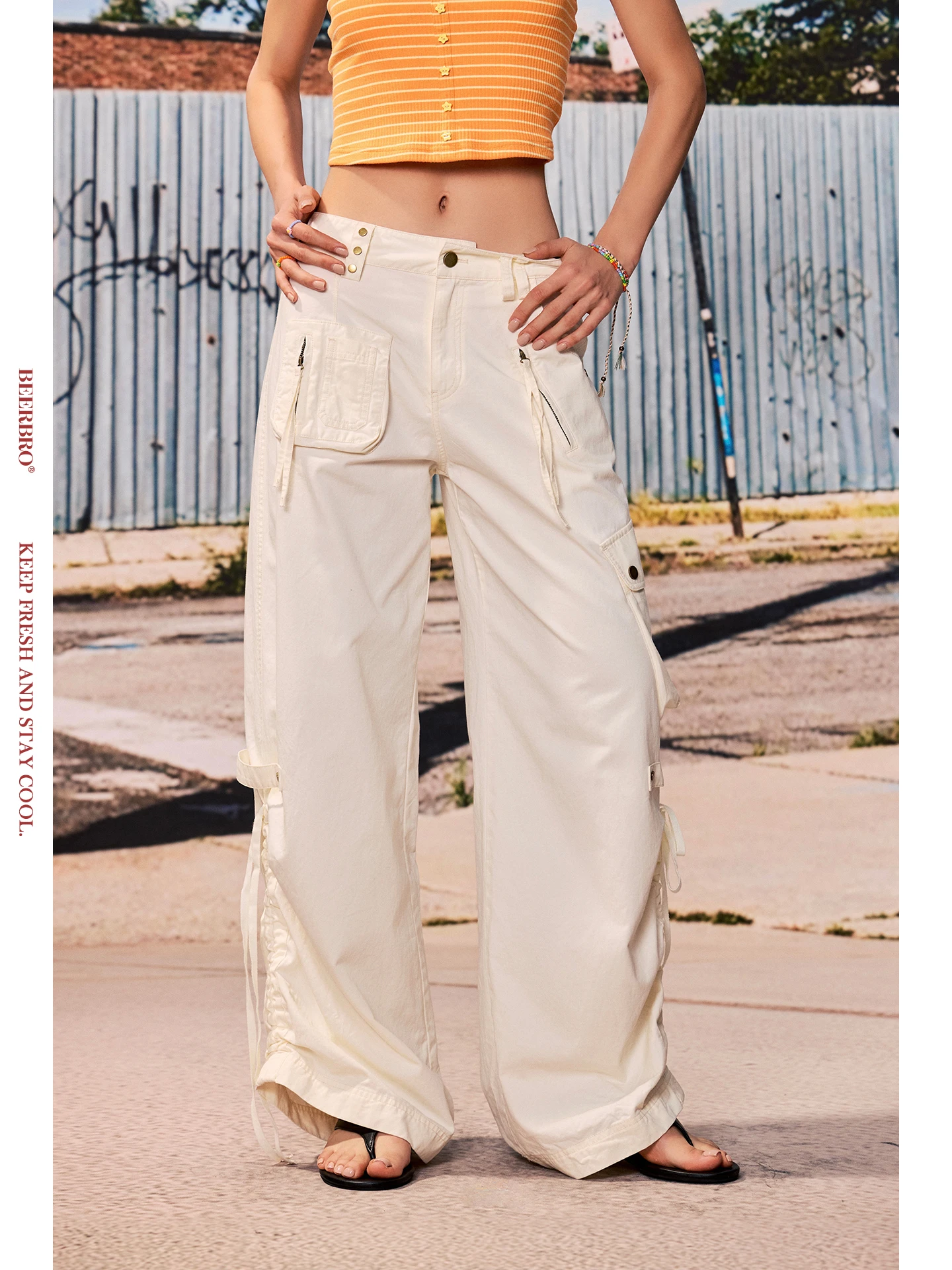 

Cool Spicy Playground Low Waist Drawstring Straight Leg Thin Cotton Work Trousers for Women Summer Fashion Casual Pants