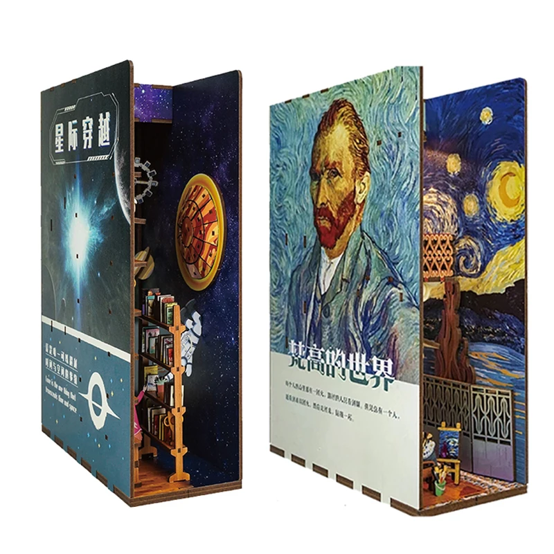 

Clearance DIY Van Gogh Book Nook Wooden Miniature Model Kits Bookend 3D Puzzle with Light Bookshelf for Friends Birthday Gifts
