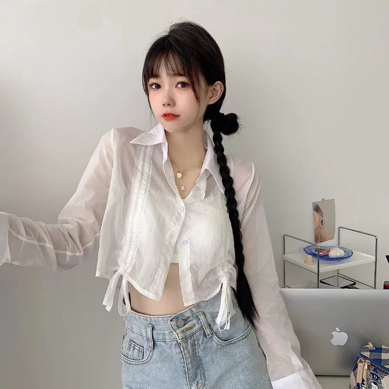 White Shirts Women Literary Simple Sun-proof Thin Summer Hotsweet Sheer Female Graceful Korean Style Loose Breathable All-match