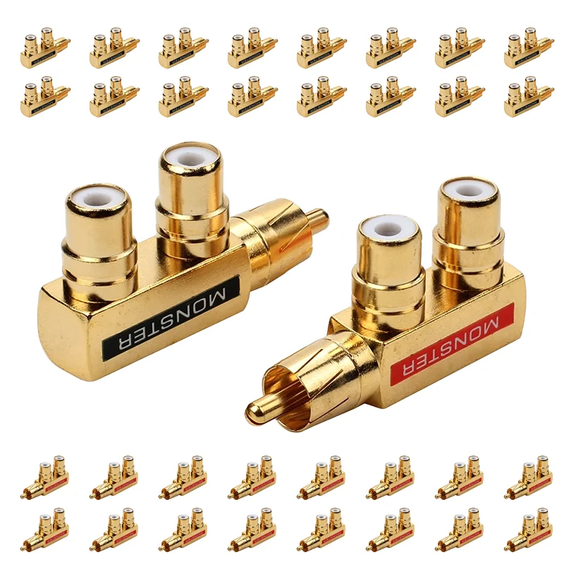 

2/4/8/16PCS Two Three-way RCA One Point Plug Monster Lotus Gold Plated RCA 1 Male to 2 Female AV Audio Adapter