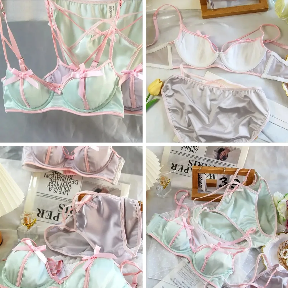 

Japanese Style Retro Satin Underwear Set with Steel Ring, Sexy Lace Lingerie for Small Breasts