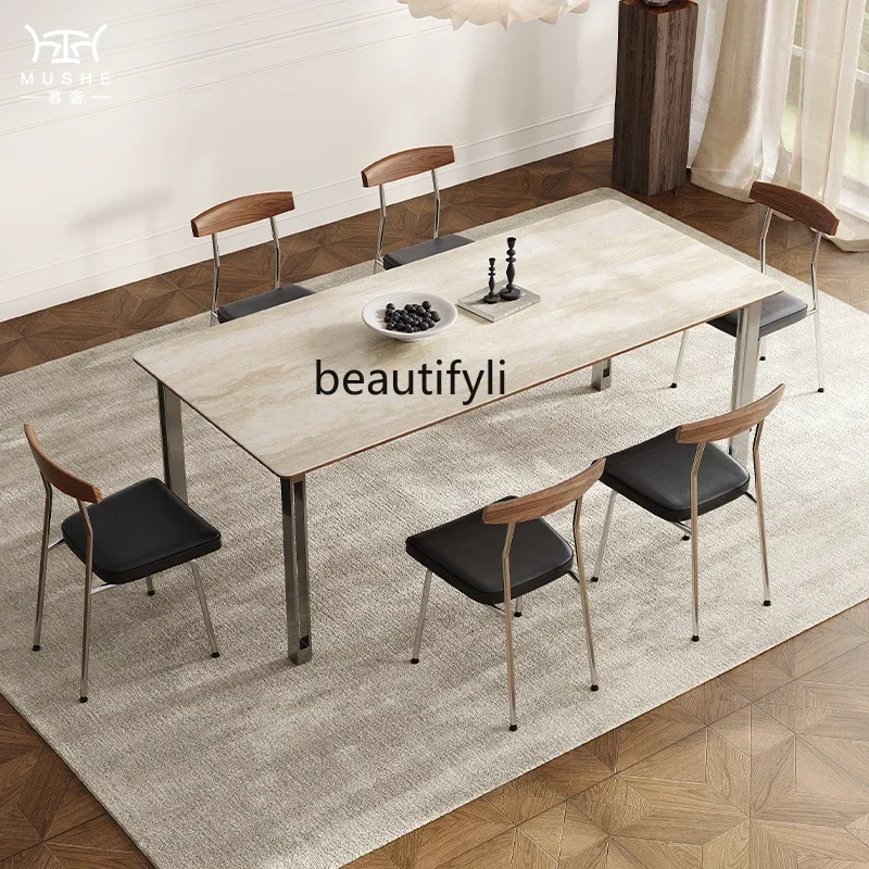 

Y French retro travertine rock slab dining table simple rectangular table home designer medieval dining table