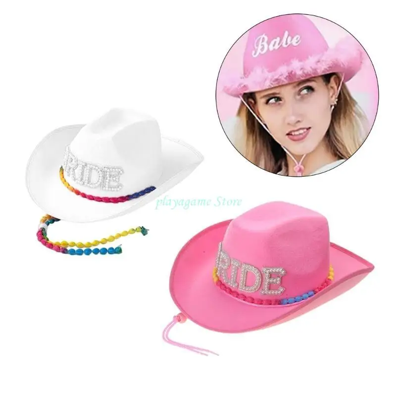 Y88A قبعة راعية البقر لحفلات الزفاف مصنوعة يدويًا مع حرف العروس اللؤلؤي قبعة فيدوراس الغربية مع حبل الذقن الملون للعروس #4