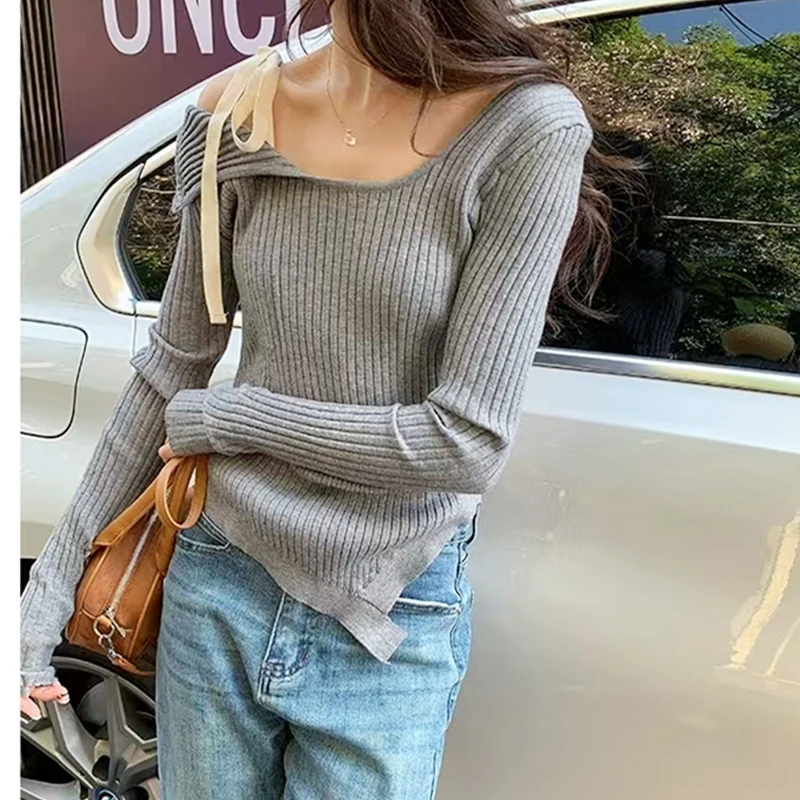 

Элегантный милый женский свитер с открытыми плечами, новинка 2025 года, осенний галстук-бабочка на шнуровке, облегающий крой, стиль для девочек, ремни, повседневный нижний трикотаж, топ