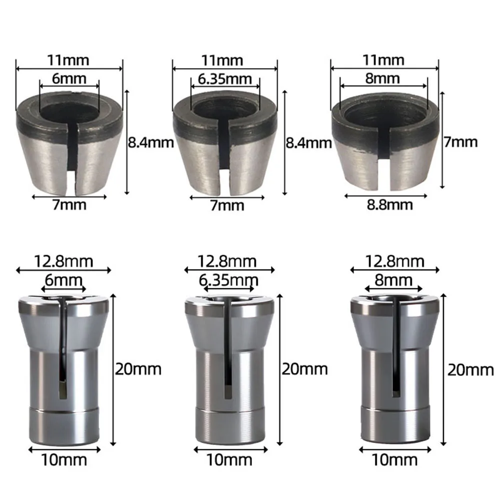 6pcs Trimmer Collet Adapter Milling Cutter Collet Adapter Collets Chuck 6mm 1/4 8mm Router Bit Collet Chuck Clamping Adapter