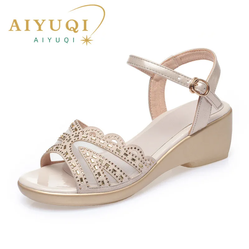 AIYUQI Women\'s Sandals Big Size New Summer Wedges Women\'s Sandals Roman Water Drill Pure Color Casual Mother Sandals Ladies