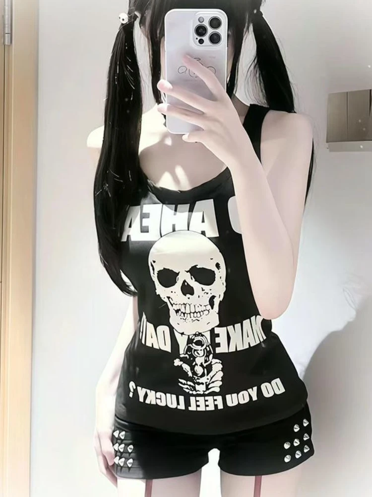 

Y2k Punk Skull Tops Rose Print Vest T-shirts Subculture 2025 Summer New Sleeveless Tees Shirt Women Grunge O-neck Slim Fit Black