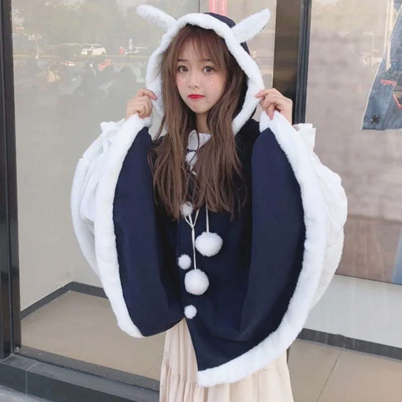 Japanese Style Mori Girl Rabbit Ear Hooded Outerwear Autumn Winter Kawaii Women Oversized Cloak Lovely Overcoat Fleece Edge Cape