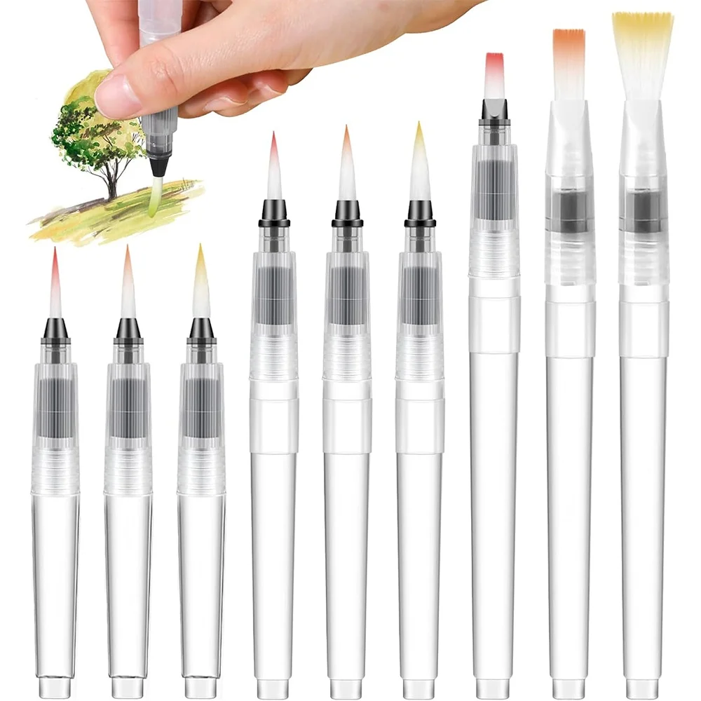 Watercolor Brush Pens Set - Easy to Use and Fill, 9 Piece Set of Water Soluble Colored Pens for Beginners
