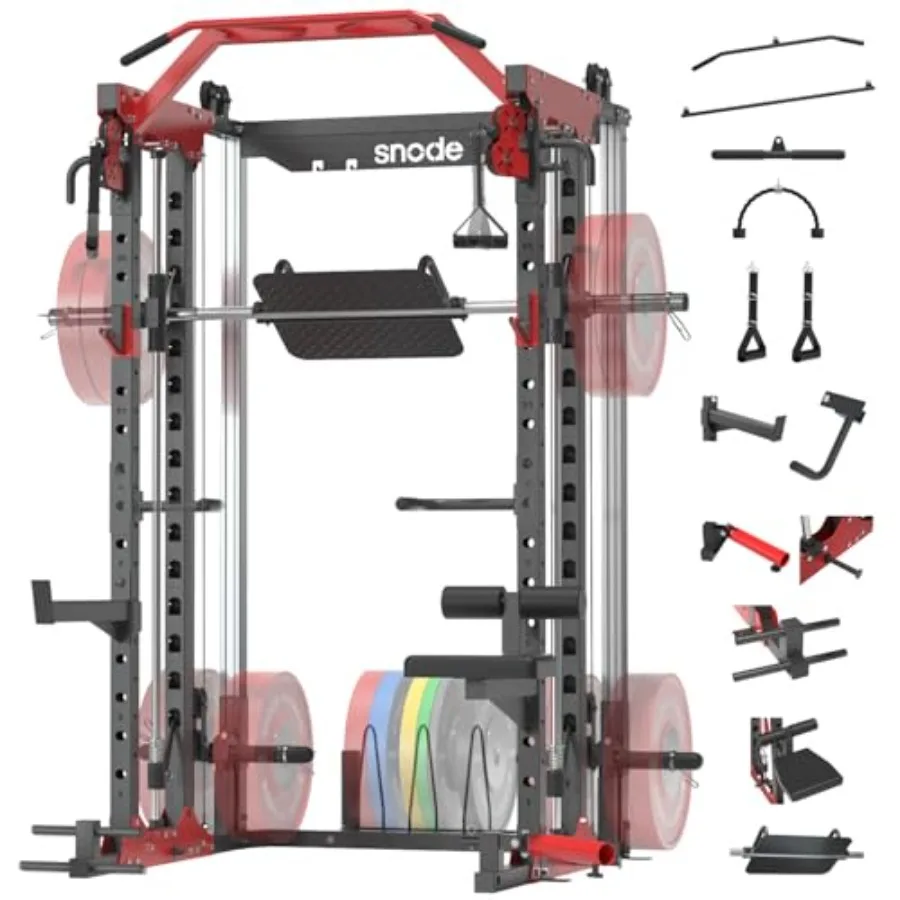 

Многофункциональный тренажер Smith Machine для домашнего спортзала: силовая стойка с кроссовером, стойка для приседаний, тренажер для жима ногами, тяга к горизонтальной перекладине, сиденье, нагрузка до 907 кг, сталь, черный цвет.