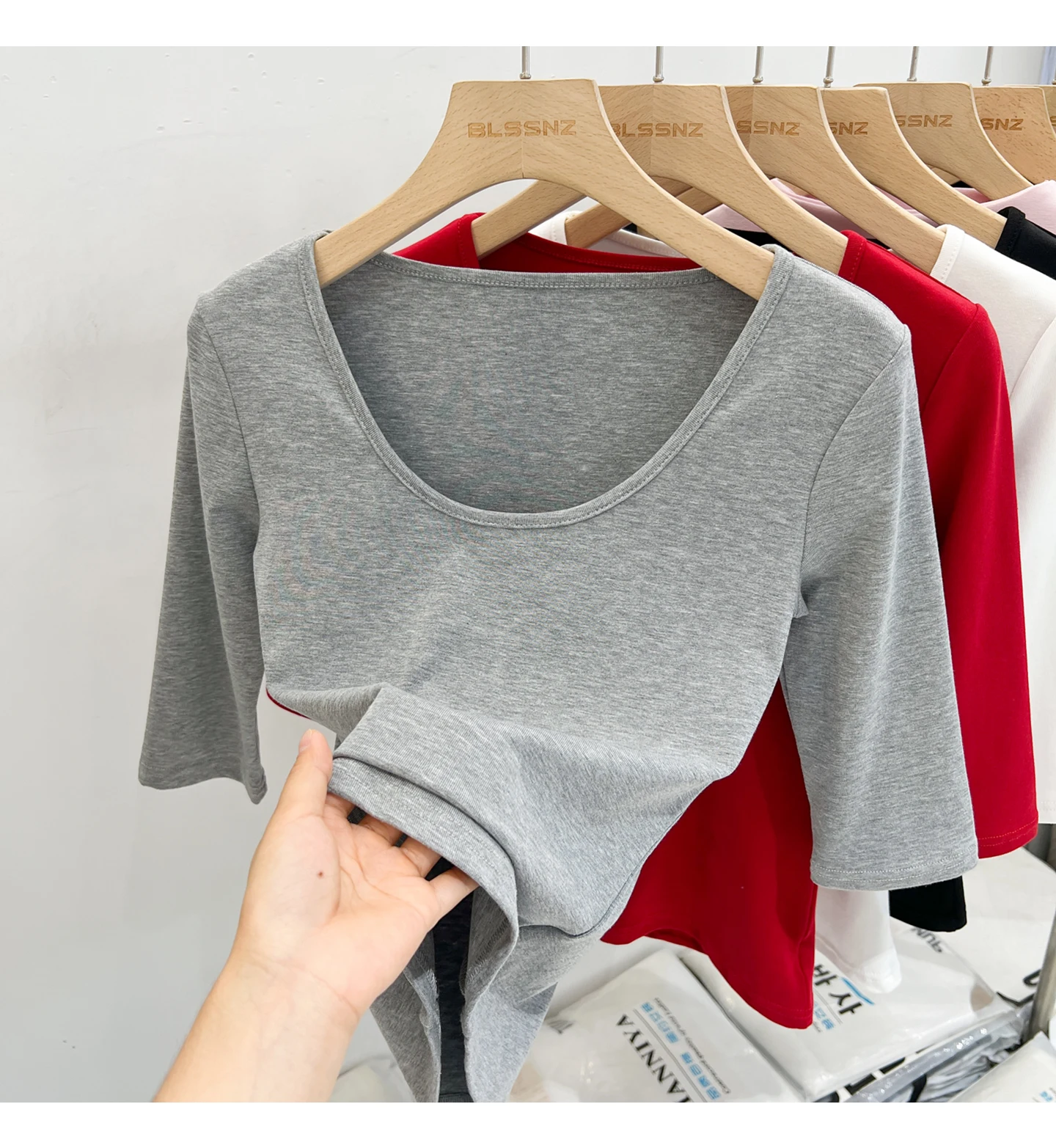 Zjaiss Women's White Base Top 2026 New U-Neck Three-Quarter Sleeve Tee for Spring & Summer Solid Versatile Casual Simple T-Shirt