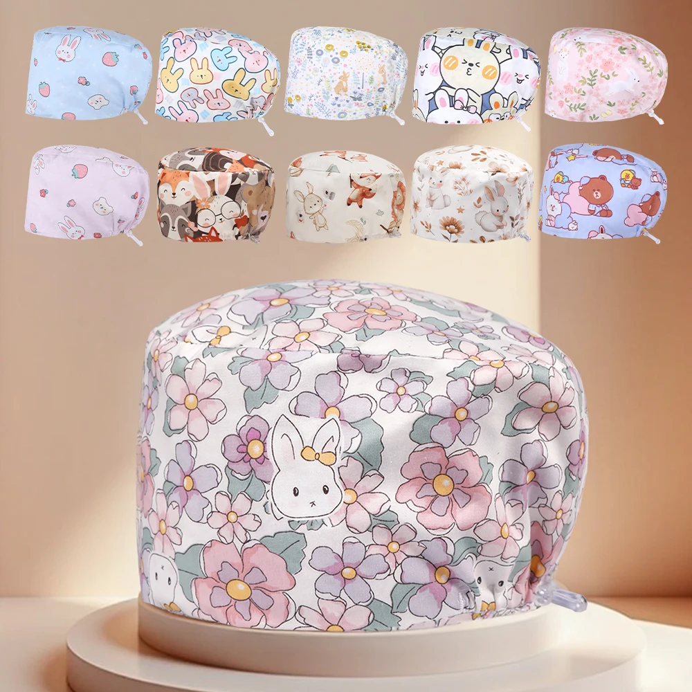 Bunny Printed Cotton Caps for Men Women Adjustable Long Hair Skullcal Beauty Salon Nursing Working Hats K1198