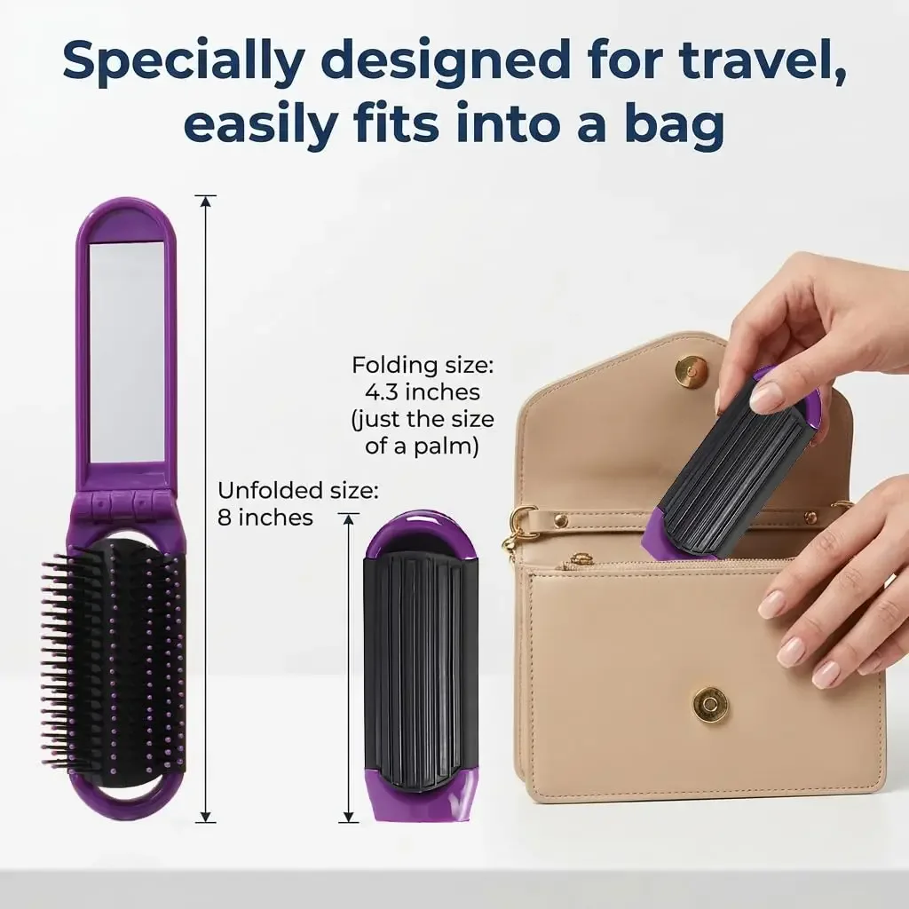 

Portable Folding Hair Brush with Mirror Mini Travel Hairbrush Anti Static Compact Massage Comb Home Gym Purse Essentials