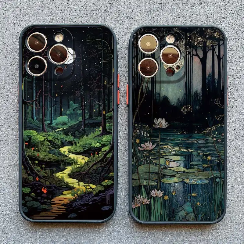 Forest Sunset Landscape Painting Phone Case For iPhone 16 11 13 12 Mini 15 Pro Max 14 7 8 Plus XR XS SE2 Beautiful Flower Cover