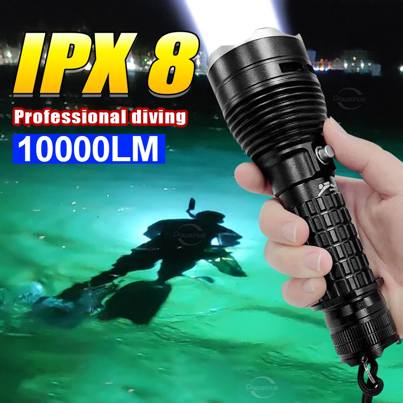 10000LM High Power Diving Flashlight XHP70 Professional Underwater Lantern 26650 Battery IPX8 Waterproof Lamp With Hand Rope