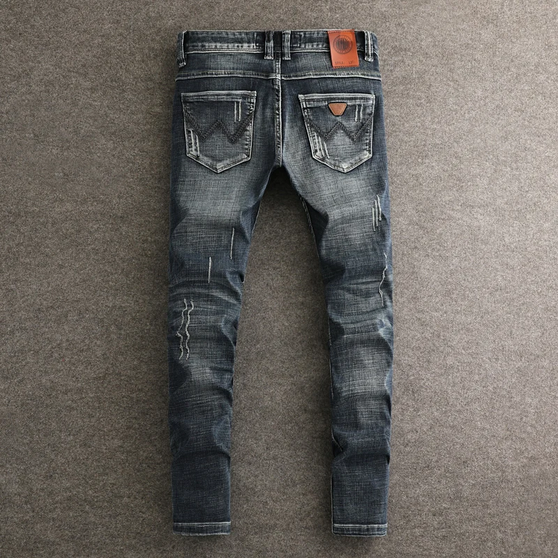 Street Fashion Men Jeans High Quality Retro Black Blue Stretch Slim Fit Ripped Jeans Men Vintage Designer Denim Pants Hombre