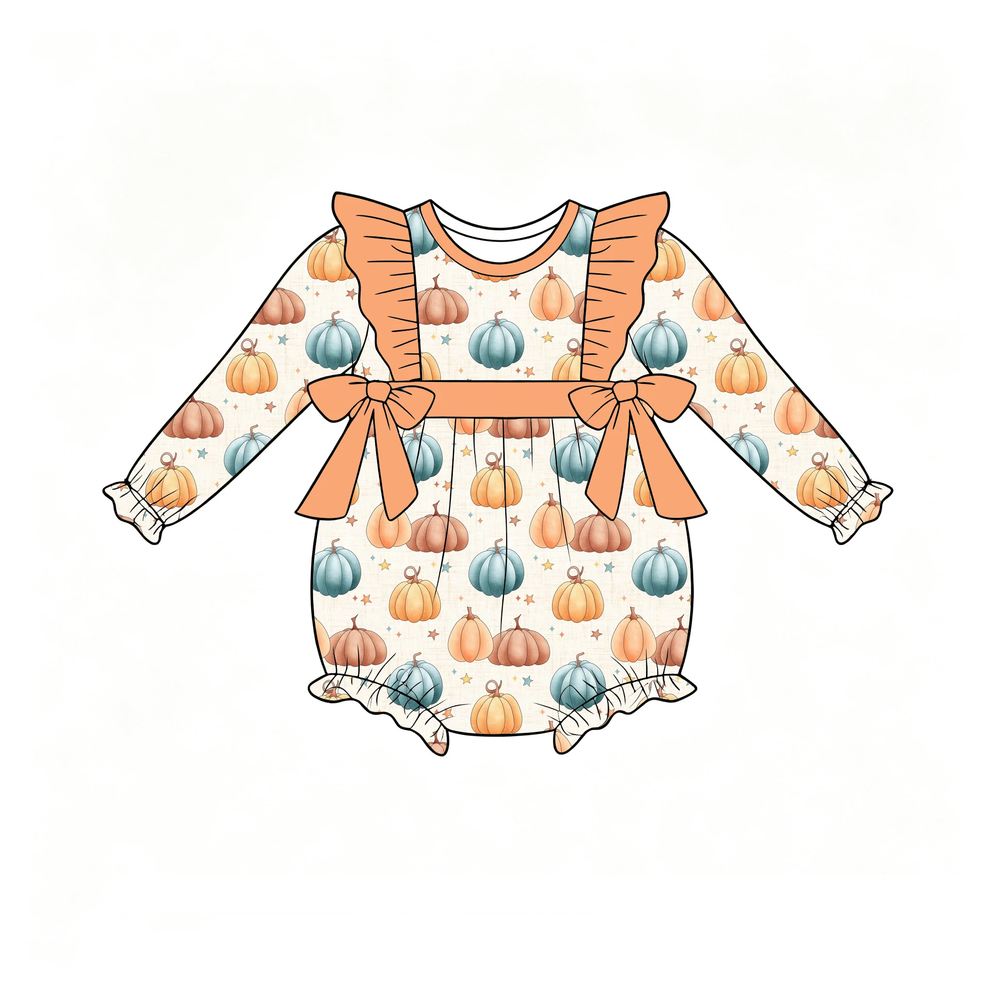 Thanksgiving Day Boutique girls' romper Ruffle Long-sleeved top and shorts Bow decoration pumpkin print wholesale