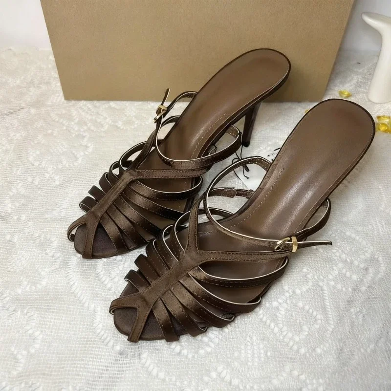 

Brown Open Toe Women Heeled Sandals Woven Strap Design Slim High Heels Adjustable Buckle Chic Summer Casual Party Dress Shoes