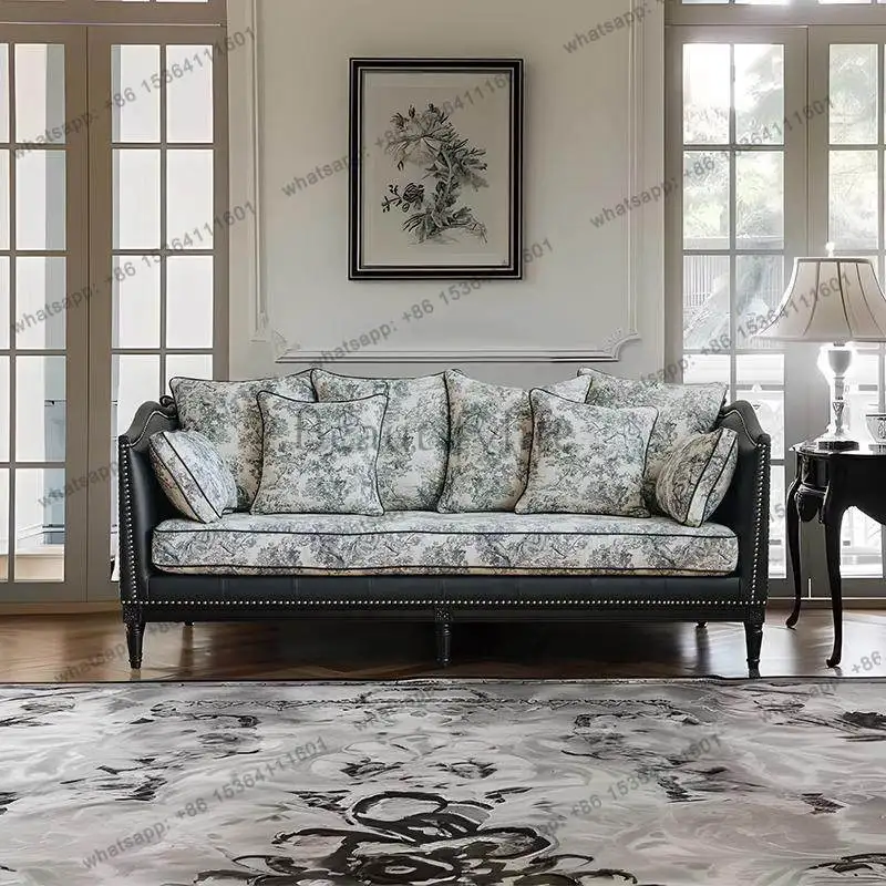 French retro living room three-person sofa American country solid wood fabric