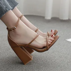 Brown PU Leather Thick Heel Gladiator Sandals Women Ankle Strap New Summer Fashion Buckle Shoes Open Toe Narrow Band Party Pumps