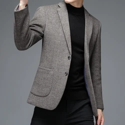 Men Beige Gray Woolen Suit Jacket Cashmere Wool Blend Blazer For Spring Autumn Winter Outfits Male England Style Attire Timeless