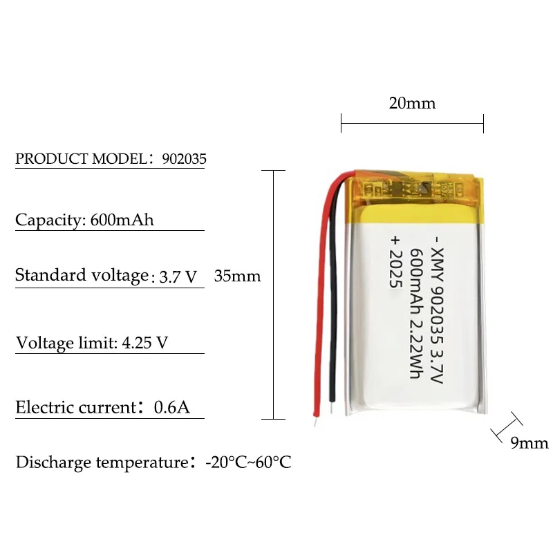 902035 3.7V  600mAh Lithium Battery Polymer LiPo Rechargeable Battery 1~10Pcs   For MP3 DVD PAD Camera GPS Laptop Bluetooth