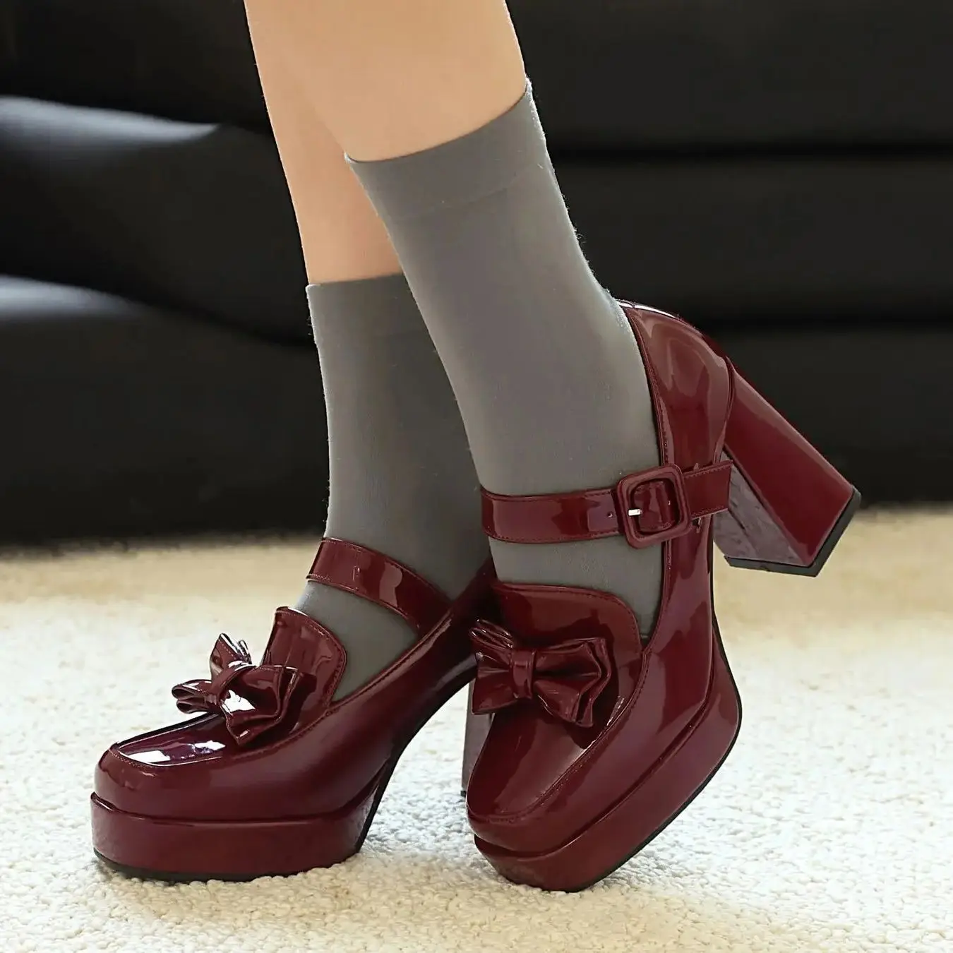 EAGSITY patent leather mary jane shoes women high heel platform pumps ankle strap shoes footwear Lolita cosplay uniform shoes