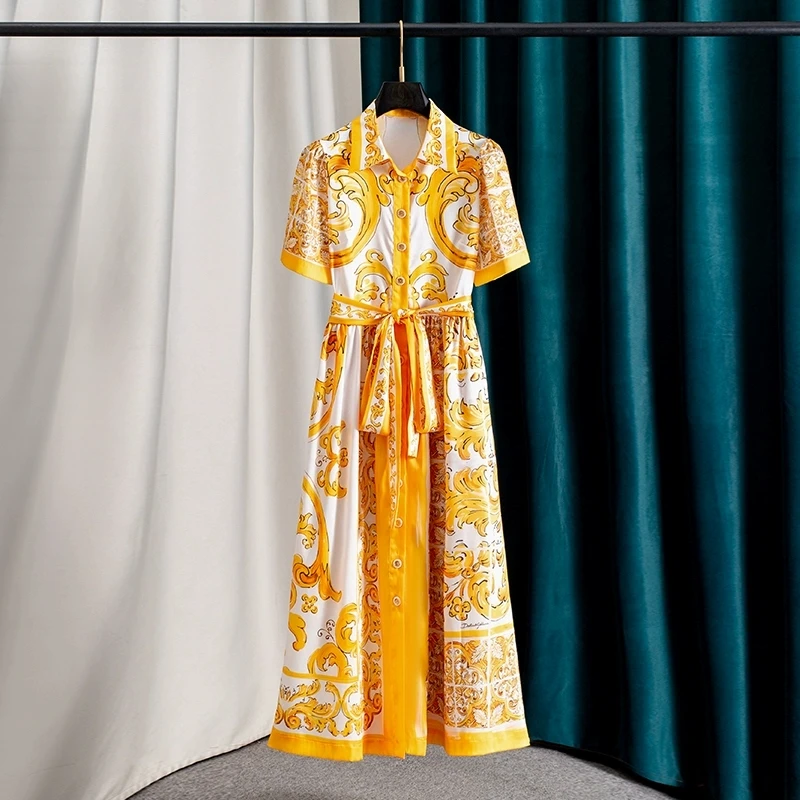 ZJYT Women's Vintage Print Yellow Shirt Dress Single-Breasted Lapel Collar Lace-Up Casual Midi Summer Holiday Dress Runway 2025